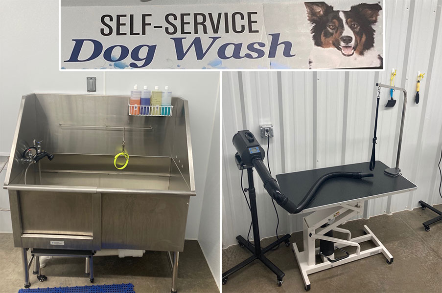 dog wash station at lowrys store includes tub and drying areas