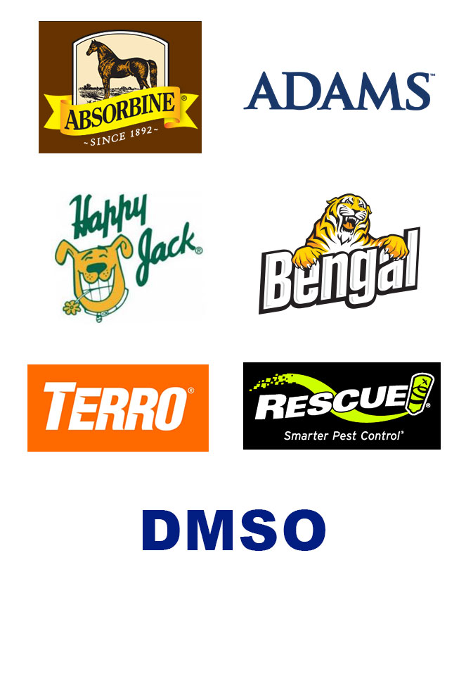 logos for absorbine, adams, happy jack, bengal, terro, rescue, and DMSO brands
