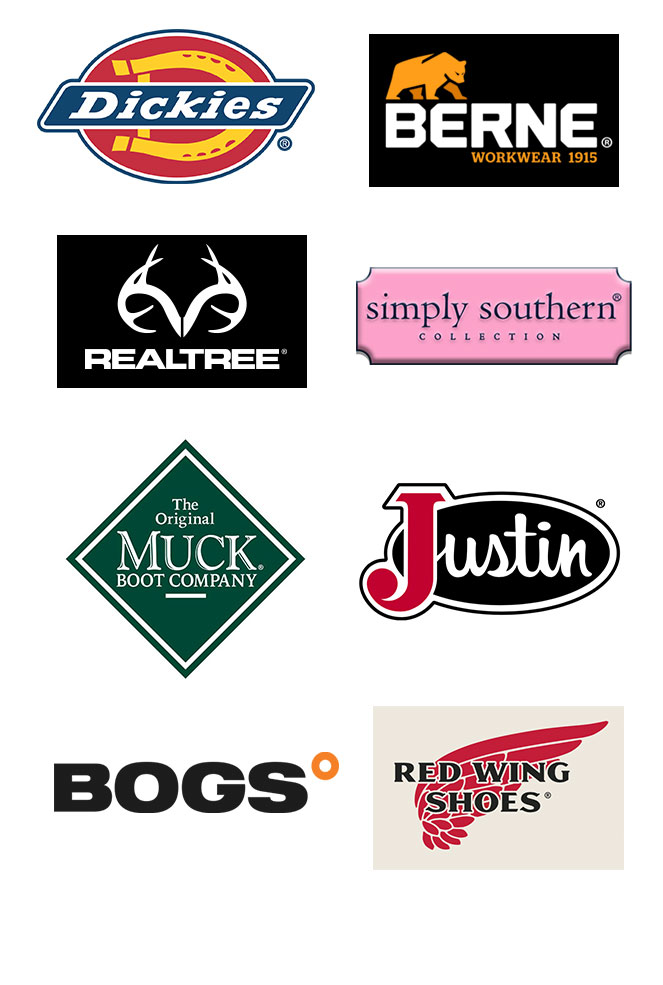 logos for dickies, berne, realtree, simply southern, Muck boots, Justin, bogs, and red wing shoes brands