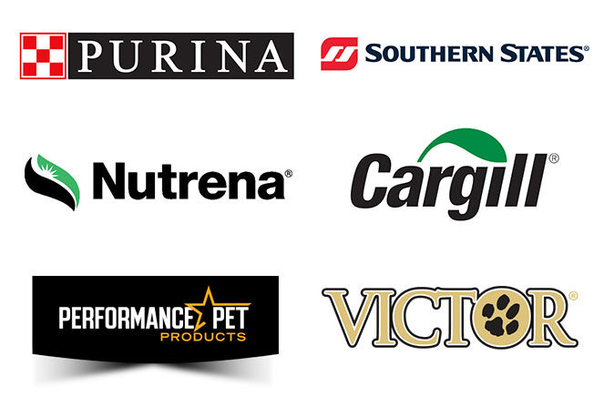 logos for purina, southern states, nutrena, cargill, performance pet, and victor brands