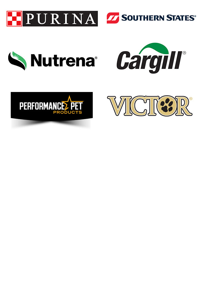 logos for purina, southern states, nutrena, cargill, performance pet, and victor brands