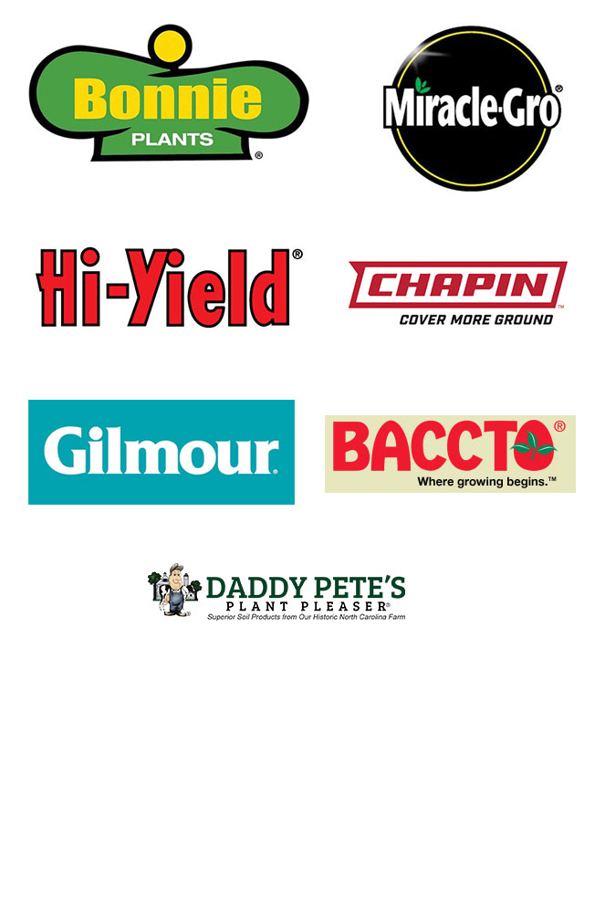 logos of bonnie, miracle gro, hi-yield, chapin, gilmour, baccto, and daddy pete's plant pleaser brands