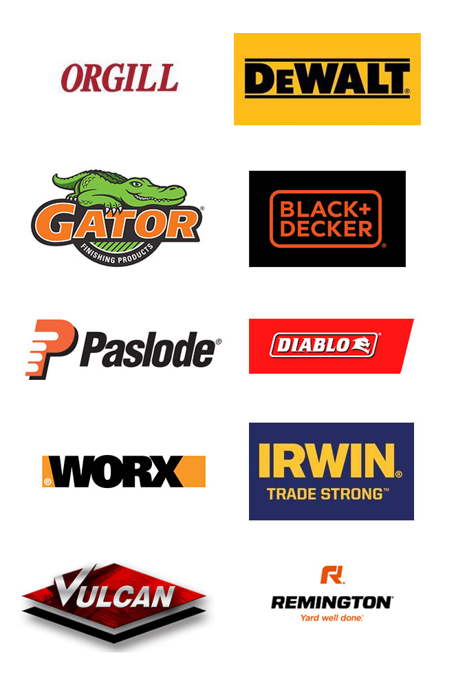 logos for orgill, dewalt, gator, black + decker, paslode, diablo, worx, irwin, vulcan, and remington brands